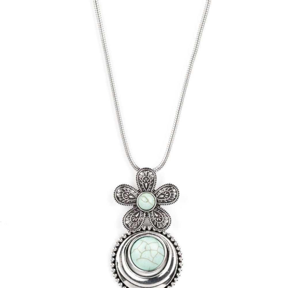 Silver and Turquoise Flower Pendant Necklace Bohemian Blossom - Blue Stone Jewel